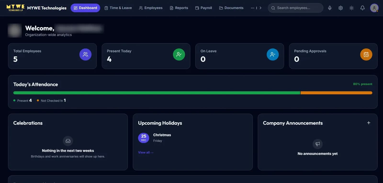 MYWE HRMS admin dashboard