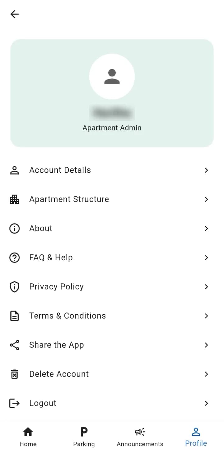 Kotiyo Apartment Admin Profile screen