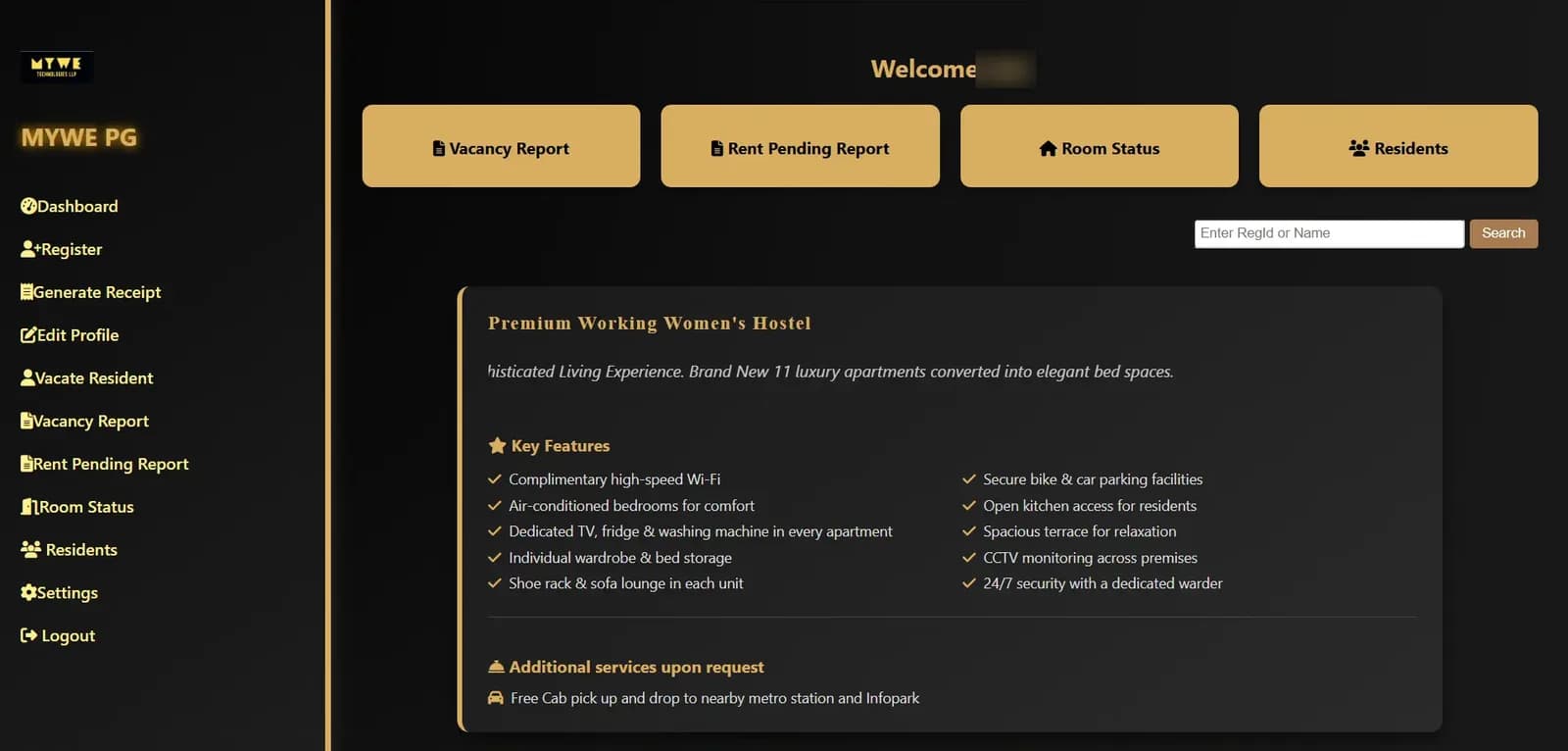 MYWE PG Manager dashboard